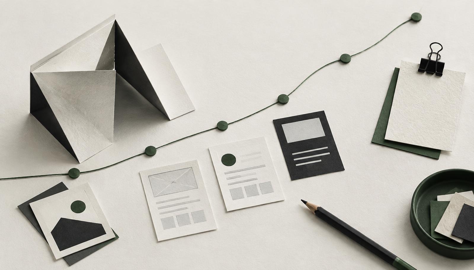Paper prototypes and a path showing the incubator build process